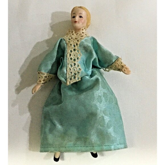 Vintage Porcelain Dollhouse Doll Victorian Green Dress 5 1/2 “ - Picture 1 of 5